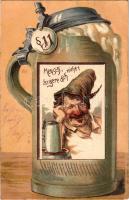 1901 Mensch, ärgere dich nicht! Münchner Hofbräuhaus / Német söröskorsós dombornyomott reklámlap / German brewery advertisement, beer mug. Embossed litho (fl)