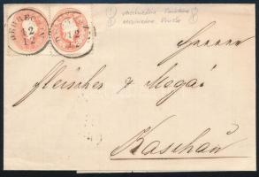 1861 Levél 2 x 5kr bérmentesítéssel eltérő színekben / 2 x 5kr (colour varieties) on cover "DEBRECZIN" - "KASCHAU"