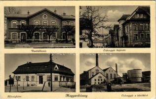 1941 Diószeg, Magyardiószeg, Sládkovicovo; vasútállomás, cukorgyár bejárata, községháza, cukorgyár a kürtökkel. Karsay János kiadása / railway station, sugar factory, town hall (EK)