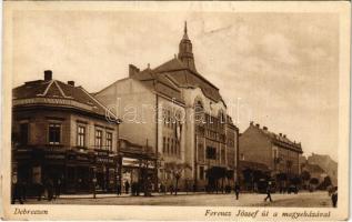 1928 Debrecen, Ferenc József út, megyeháza, Arany Angyal gyógyszertár, Frank Ede és Rosenberg üzlete, villamos (EK)