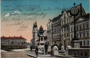 1917 Sopron, Széchenyi tér és Postapalota, köztéri óra. Piri Dániel kiadása