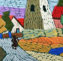 Korényi Attila (1939-): Palóznaki torony. Szövés, karton, jelzett a hátoldalán, fakeretben. 37x47,5 ...