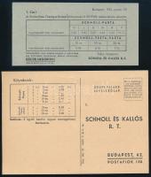 1941 1db Üzleti nyomtatvány a Schmoll-Pasta / Schmoll-Vesta-Pasta engedélyezett árairól az Árellenőrzési Kormánybiztos 61101/1941. számú leirata alapján, valamint 1db 1941 Schmoll és Kallós R.T. üzleti válaszlevezőlap