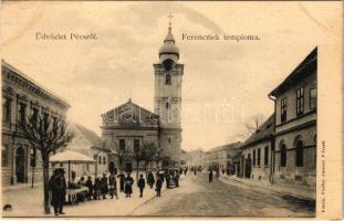 Pécs, Ferenciek temploma, piac. Fischer Ferenc kiadása (ázott / wet damage)