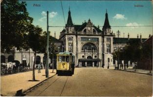 1918 Pécs, indóház, vasútállomás, villamos. Vasúti levelezőlapárusítás 40-1916. (EK)