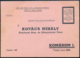 cca 1930 Kovács Mihály Komáromi Rum- és Likőrgyártási Üzem üzleti válasz-levelezőlap