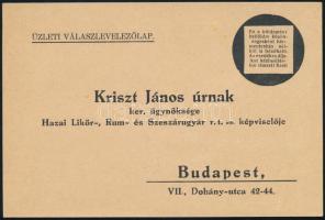 cca 1940 Hazai Likőr-, és Rum- és Szeszárúgyár R.T. stb. képviselőjének, Bp. VII. Dohány u. 42-44. Üzleti Válasz-levelezőlap