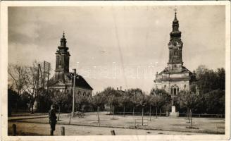 1941 Újverbász, Novi Vrbas (Verbász, Vrbas); Református és evangélikus templom. Garamszeghy Pál kiadása / churches (fl)