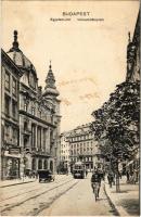 1915 Budapest V. Egyetem tér, villamos, Blazek Adolf, Szabó Vilmos üzlete, kerékpáros (ázott sarkak / wet corners)