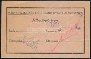 cca 1920 Magyar Kakaó és Csokoládé Gyár R.T., Szerencs Ellenőrző Jegy, m:12x8cm