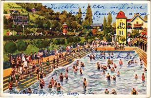 Budapest III. Csillaghegyi Árpád fürdő, strand, park, sétány, szálloda és étterem, hátoldalon reklám. Löbl D. és fia kiadása (EK)