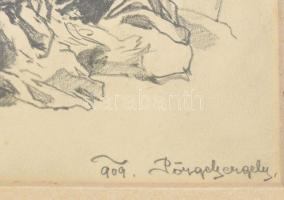 Pörge Gergely (1858-1930): Piac, 1909. Ceruza, papír, jelezve jobbra lent, üvegezett fakeretben, üve...