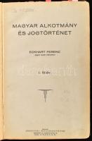 Eckhart Ferenc: Magyar alkotmány és jogtörténet. I-II. félév. Bp., Vörösváry Sokszorosítóipar, 95+121 p. Egyetemi jegyzet. Átkötött félvászon-kötésben, kopott borítókkal, a kötéstáblák leváltak, az I. részben a 22-23. oldal között a lapok elváltak a könyvtesttől, egy lap sérült (I. r. 23/24 p.), aláhúzásokkal, bejelölésekkel és aláhúzásokkal, régi intézményi bélyegzésekkel.