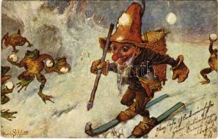 Síelő törpe hógolyókat dobáló békák kereszttüzében / Skiing dwarf in the crossfire of frogs throwing snowballs s: Heinrich Schlitt (fa)