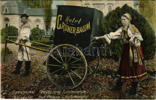 1909 Pöstyén, Pistyan, Piestany; Zöldfa szálloda gyaloghintója, folklór / Hotel Grüner Baum carriage, folklore