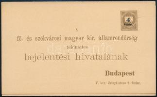 1900 Használatlan felülnyomott díjjegyes rendőrségi bejelentő lap összefüggő igazoló szelvénnyel (Hodobay 7), kiváló minőségben