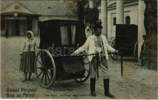 1911 Pöstyén, Pistyan, Piestany; Régi fürdők, Fő tér, fürdőkocsis / Alte Bäder, Hauptplatz samt Infanterist / old baths, spa carriage, folklore