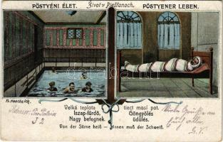 1927 Pöstyén, Pistyan, Piestany; Pöstyéni élet. Iszap-fürdő, göngyölés, nagy betegnek üdülés. Bernát Kohn kiadása / spa life, mud spa, treatment. Art Nouveau, floral s: Fr. Haschzick (Rb)