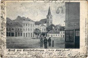 1899 (Vorläufer) Hollabrunn, Oberhollabrunn; Hauptplatz, Buchdruckerei. Verlag v. Georg Kraker / main square, book printing shop (EK)