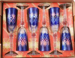 Dúsan csiszolt kristály kék pezsgőspohár szett, 6 db, original dobozban, hibátlan, m: 24 cm