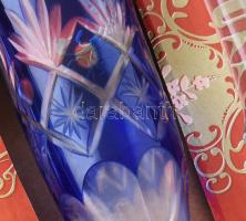 Dúsan csiszolt kristály kék pezsgőspohár szett, 6 db, original dobozban, hibátlan, m: 24 cm