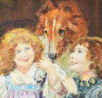 Olvashatatlan (Krieg?) jelzéssel: Gyerekek kutyával. Olaj, vászon, kartonon. Dekoratív fakeretben. 2...