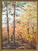 Olvashatatlan (Mikes László?) jelzéssel: Őszi erdő. Olaj, farost. Dekoratív, kissé sérült fakeretben...