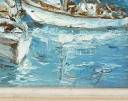 Olvashatatlan jelzéssel: Vitorlások a kikötőben. Olaj, farost, fakeretben. 15×15 cm