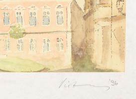 Olvashatatlan jelzéssel: Győr, várkapu, 1996. Akvarell, papír, üvegezett fakeretben. 12×15,5 cm