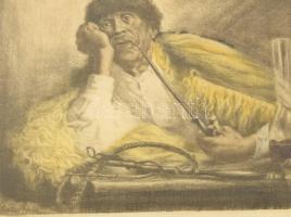 Prihoda István (1891-1965) - Glatter Gyula (1886-1927): Ivóban (Pipázó kocsis). Színezett rézkarc, p...