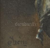 Irén jelzéssel: Cigarettázó portréja. Olaj, vászon. Dekoratív, kissé sérült fakeretben, 40,5×32 cm