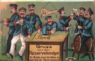 Gruss von der Reservekneipe / WWI military pub, drunk soldiers, beer, humour, W. Steinberg, Breslau No. 1121. litho (fa)