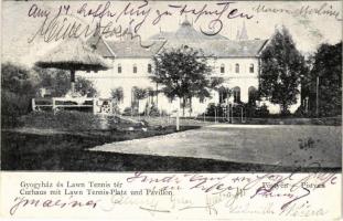 1900 Pöstyén, Pistyan, Piestany; Gyógyház és Lawn Tennis tér, teniszpálya, pavilon / Curhaus mit Lawn Tennis-Platz und Pavillon / spa, tennis court and pavilion