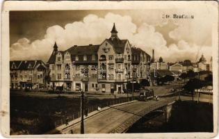 1926 Temesvár, Timisoara; Strada Bratianu / utca, híd, villamos, gyógyszertár, Splendid szálloda, Tramar üzlete / street, bridge, tram, pharmacy, hotel, shops. photo (Rb)