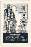 Brassó, Kronstadt, Brasov; Magyar, német és román (oláh) nemzetiségek népesség aránya. Címer, Pátria rt. kiadása / Percentage of Hungarian, German and Romanian population. Irredenta art postcad with coat of arms s: Pólya Tibor (EK)