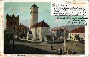 1904 Poprád (Tátra, Magas-Tátra, Vysoké Tatry); katolikus templom és a régi harangtorony. Feitzinger Ede kiadása 1902-12 Autochrom 372. / Catholic church, old bell tower+ &quot;POPRAD P.U.&quot; (fa)