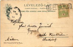 1904 Poprád (Tátra, Magas-Tátra, Vysoké Tatry); katolikus templom és a régi harangtorony. Feitzinger...