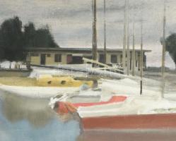 Jelzés nélkül, XX. sz. második fele: Balatoni kikötő. Olaj, farost. Sarkaiban és szélén kissé sérült...