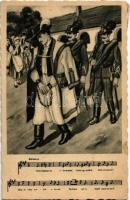 Nem loptam én életembe, csak egy csikót Debrecenbe... magyar folklór kottás művészlap, csendőrök bilincsben elvezetett betyárral / Hungarian folklore art postcard, gendarmes, music sheet (EK)