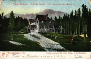 Tátraszéplak, Tatranska Polianka, Westerheim (Tátra, Magas-Tátra, Vysoké Tatry); Szálloda, Szalóki, Dr. Ottó csúcs és Szekrényes. Feitzinger Ede kiadása 760. A.J. 1904/14. / Schlagendorfer, Dr. Otto Spitze und Kastenberg / hotel, mountain peaks (kopott sarkak / worn corners)