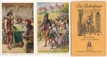 Der Rattenfänger von Hammel. Brüder Grimm, Illustriert von Oscar Herrfurth - Uvachrom Serie 242. / A hamelni patkányfogó - régi képeslap sorozat 6 lappal tokban / Pied Piper of Hamelin - pre-1945 postcard series with 6 postcards in case