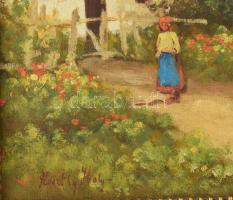 Huszthy Iboly jelzéssel, XX. sz. első fele: Lány virágos udvaron. Olaj, vászon. Dekoratív, sérült fa...