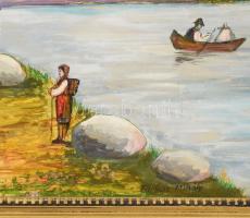 Farkas Mihály jelzéssel: Vízparti táj. Olaj, farost. Dekoratív, sérült fakeretben, 45×60 cm