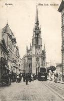 Újvidék, Novi Sad; Római katolikus templom, villamos, Hohlfeld kiadása / church, tram (EK)