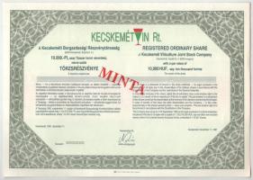 Kecskemét 1991. &quot;KecskemétVIN Rt. - Kecskeméti Borgazdasági Részvénytársaság&quot; részvénye 10.000Ft-ról, &quot;MINTA&quot; bélyegzéssel, 000-ás sorszámmal T:AU