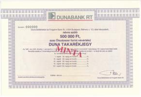 ~1991. &quot;Dunabank Rt. - Duna Takarékjegy&quot; 500.000Ft-ról, piros &quot;MINTA&quot; bélyegzéssel és 000-ás sorszámmal T:AU