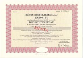 1992. &quot;Prémium Befektetési Alap&quot; befektetési jegye, piros &quot;MINTA&quot; felülbélyegzéssel, 000-ás sorszámmal T:AU