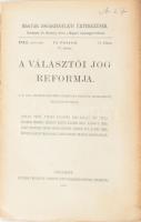 1912 A választói jog reformja. A m. kir. miniszterelnök felhívása folytán megtartott előadás-sorozat. Magyar Jogászegyletei Értekezések IV. köt. 31. füzet. Bp., 1912, Pfeifer Ferdinánd (Franklin-ny.), 208+(1) p. Széteső állapotban, nagyrészt szétvált fűzéssel, borító nélkül, ceruzás bejegyzésekkel és aláhúzásokkal.