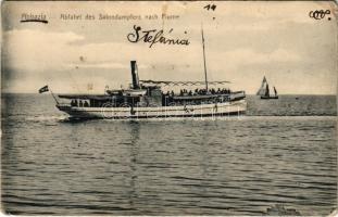 Abbazia, Opatija; Abfahrt des Salondampfers nach Fiume / STEFÁNIA egycsavaros tengeri személyszállító gőzhajó / Hungarian passenger steamship (kis szakadás / small tear)