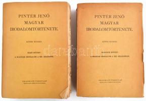 Pintér Jenő: - - magyar irodalomtörténete. Képes kiadás. I-II. kötet. I.: A magyar irodalom a XX. századig. II.: A magyar irodalom a XX. században. Bp., 1928, Franklin-Társulat. Egészoldalas, fekete-fehér és színes képekkel illusztrálva. Kiadói papírkötés, kissé sérült, foltos borítókkal és lapszélekkel, az I. kötet utolsó két lapja és a hátsó borító sérült.